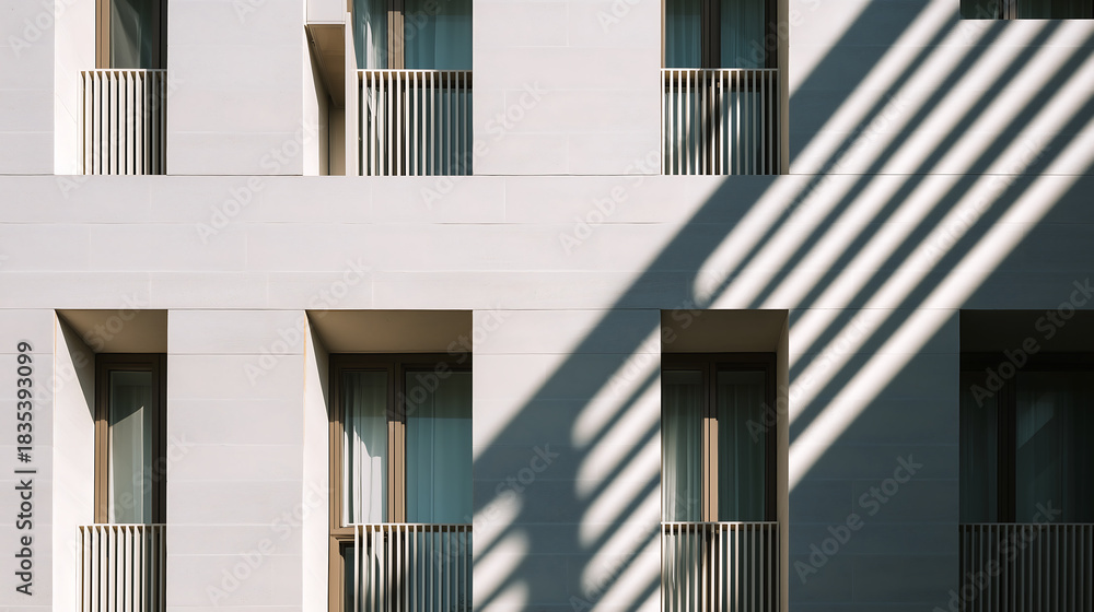 Fototapeta premium Cloud dancer modern architecture facade windows shadows building exterior urban design colour of the year 2026