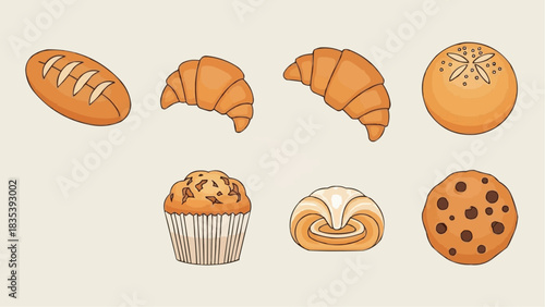 Collection of baked goods and pastries including bread, croissants, muffins, and cookies