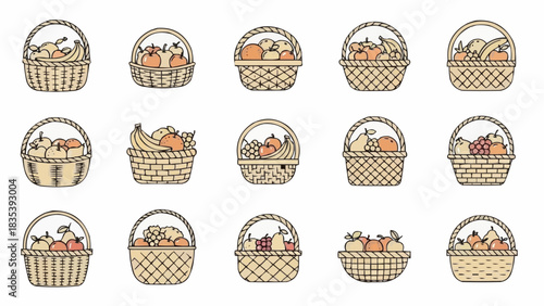 Vector illustrations set of various fruit baskets. Features traditional woven baskets filled with a healthy assortment of fresh fruits, ideal for harvest and food-related designs