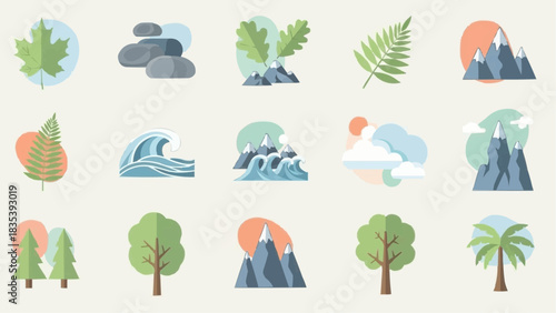 Explore a versatile collection of flat design nature icons, depicting essential outdoor elements such as mountains, trees, leaves, waves, and clouds, ideal for graphic design projects