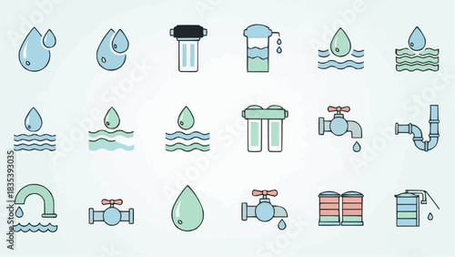 Collection of water-related icons representing various aspects of water usage and treatment