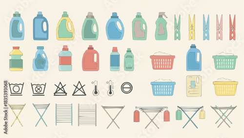 Collection of Laundry and Cleaning Supplies with Drying Racks and Care Symbols