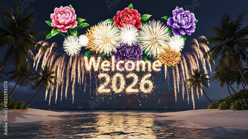 Spectacular New Year Fireworks Display Welcoming 2026 on a Tropical Beach.