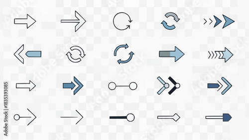 Diverse Collection of Vector Arrow Icons for Web Design and User Interfaces, Featuring Navigation, Directional, Refresh, and Control Symbols in a Clean, Modern Graphic Style