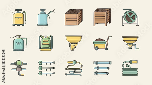 Comprehensive Vector Icon Set Featuring Essential Farming and Gardening Equipment, from Sprayers to Planters, for Agricultural and Horticultural Design Projects