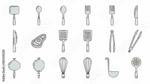 A versatile vector graphic collection showcasing essential kitchen utensils and common cooking ingredients in a modern, clean line-art style for culinary design projects