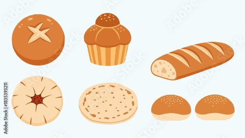 An inviting collection of freshly baked goods featuring various types of bread, pastries, and buns, perfect for bakery menus, culinary designs, or food-related promotions