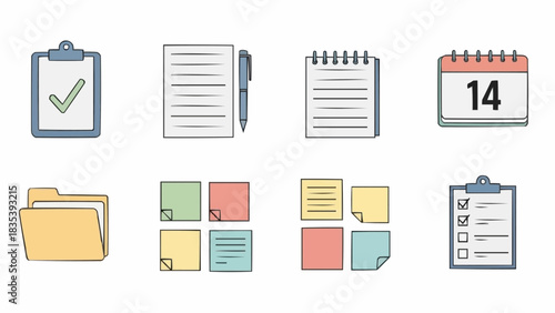 Set of office supplies icons including clipboard, paper, notepad, calendar, folder, sticky notes, and checklist for organization and planning