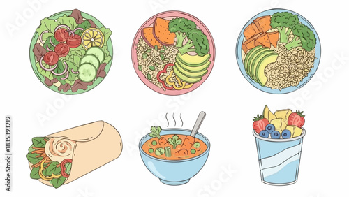 Hand-drawn illustrations of healthy and fresh meal options salads, grain bowls, wraps, soup, and fruit yogurt, promoting a balanced and wholesome diet