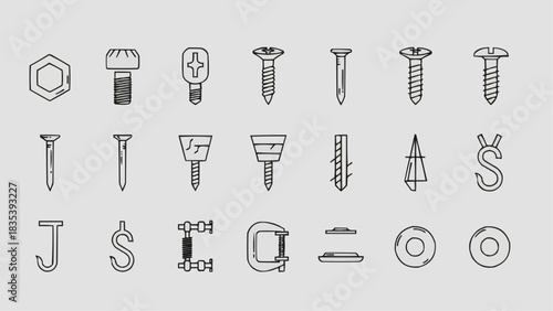 Collection of Various Hardware Fasteners, Screws, Nuts, and Bolts Illustrated