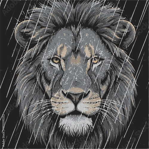 Intense black and white illustration of a lions head with heavy rain and lightning striking in a dramatic storm