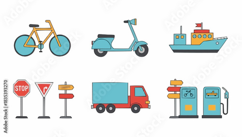 Collection of transportation icons including bicycle, scooter, ship, stop sign, traffic signs, truck, and gas station on white background
