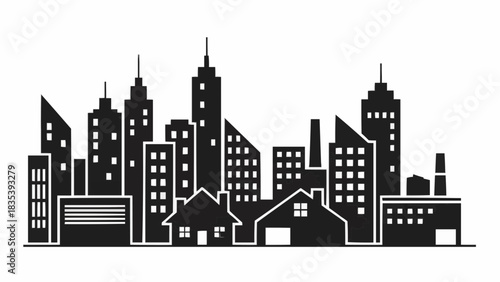 Diverse collection of building silhouettes, including skyscrapers, houses, and industrial structures, creating a cityscape