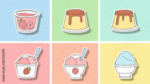 A delightful collection of sweet treats including yogurt, pudding, and ice cream in various flavors and styles