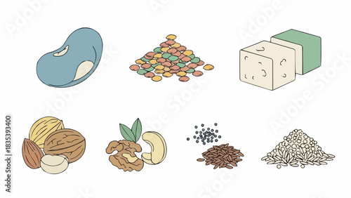Healthy assortment of plant-based proteins and nuts, featuring beans, lentils, tofu, and various seeds