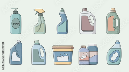 Diverse collection of household cleaning and hygiene products, showcasing various bottle shapes, spray dispensers, and detergent containers for domestic care and maintenance