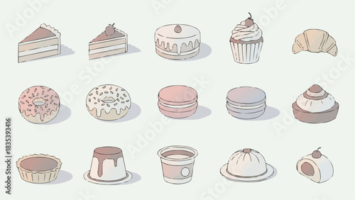 A delightful collection of sweet pastries, including cakes, donuts, macarons, croissants, tarts, and puddings, perfect for baking, dessert, and confectionery themes