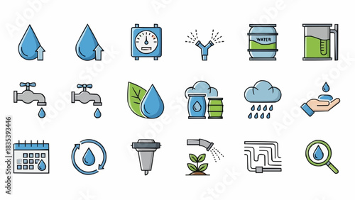Set of icons representing water management, conservation, and irrigation techniques for sustainable resource utilization and environmental protection