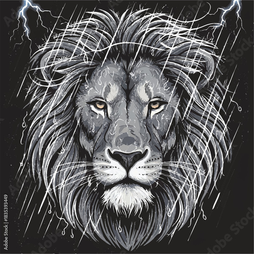 Close up of a fierce lions face with a gray mane caught in a heavy downpour of rain against a black background