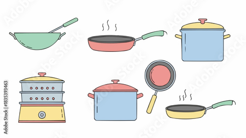 Collection of kitchenware and cooking utensils illustration including pots, pans, and steamer