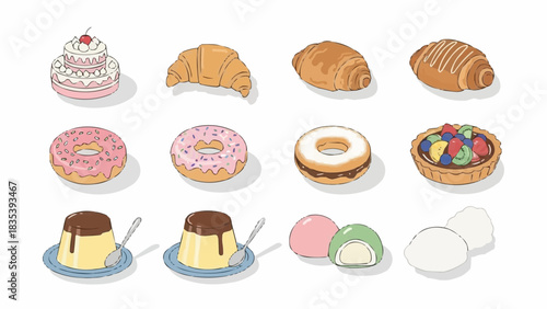 Colorful hand-drawn collection of diverse desserts classic pastries, frosted donuts, creamy puddings, a festive cake, fruit tart, and mochi illustrations