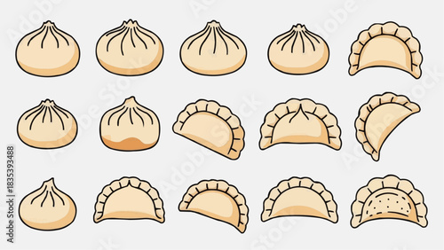 A collection of cartoon-style dumplings and buns, perfect for culinary and food-related designs