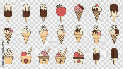 Delicious assortment of ice cream treats, cones, popsicles, and sundaes in various flavors and toppings