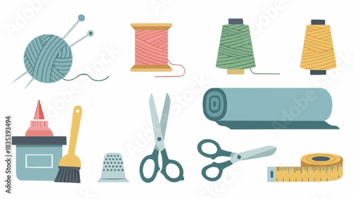 Collection of essential sewing and crafting tools and supplies, including yarn, colorful threads, scissors, thimble, fabric, and measuring tape for creative handmade projects