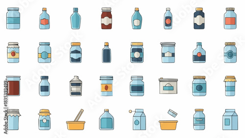 Vector graphic illustration set of diverse container icons, showcasing pharmaceutical bottles, kitchen jars, and laboratory glassware