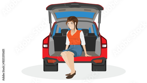 Asian woman is relaxing in the back of a car with a smiling face. Red car with the trunk open reveals the interior. Illustration for tourism activities. Isolated white background.