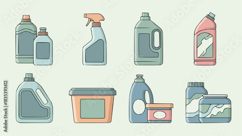 Collection of cleaning product containers, bottles, and tubs, depicted in a flat, minimalist vector illustration style with a soft pastel color palette