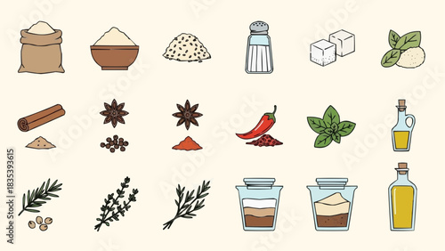 A delightful culinary assortment of hand-drawn kitchen staples, showcasing various spices, fresh herbs, essential cooking ingredients, and condiments, ideal for recipe designs