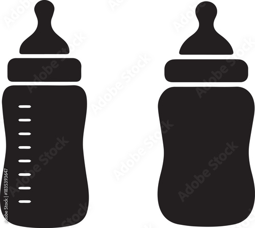 Baby Bottle Icons Vector Set, Infant Feeding Symbols Collection with Milk Bottles, Pacifiers, and Baby Essentials, Modern Line Icons Isolated on White Background