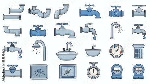 Comprehensive Vector Collection of Plumbing Fixtures and System Components for Water Supply and Drainage Design
