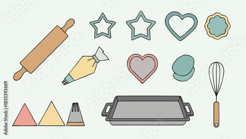 Baking tools including rolling pin, cookie cutters, piping bag, whisk, baking tray and geometric shapes