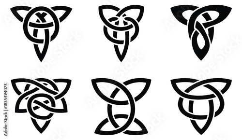 Celtic Trinity Knot Set Featuring Traditional Triquetra Symbols Presented as Intricate Vector Designs for Irish Artwork, Spiritual Motifs, Decorative Elements, and Cultural Graphic Projects