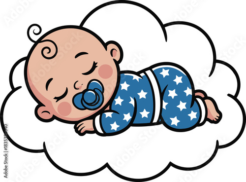 Cartoon baby sleeping on a cloud with blue star pajamas and pacifier vector