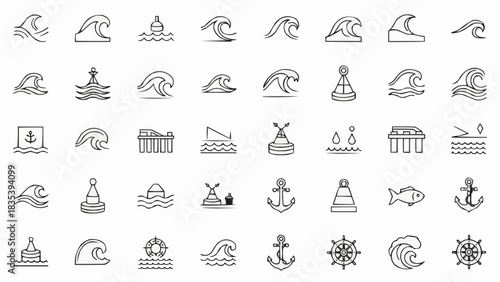 Collection of nautical and water-themed line art icons representing waves, anchors, buoys, boats, and marine life