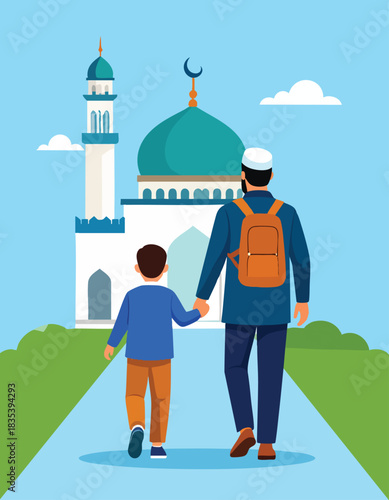 Father and son walking towards a mosque, holding hands, with a backpack.