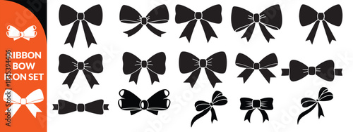 Ribbon bow icon set, vector coquettish cute knot, romantic love doodle vintage accessory collection. Holiday gift decoration silhouette, birthday elegant design element. Feminine Valentine ribbon set 
