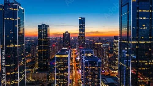 Stunning Aerial View of Modern Skyscrapers at Sunset in the City.