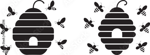 Set of black and white vector bee nests, isolated silhouettes of honeycombs and hives, minimal insect and nature illustrations