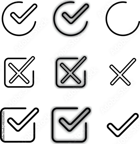 Collection of check mark icons, yes no buttons, and success symbols for web and design vector illustrations