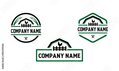 Farm Logo Compilation: A set of logo designs showcasing a classic farm concept with the symbolic chicken coop, fence and farm tools, creating an association of agricultural business and rural life.