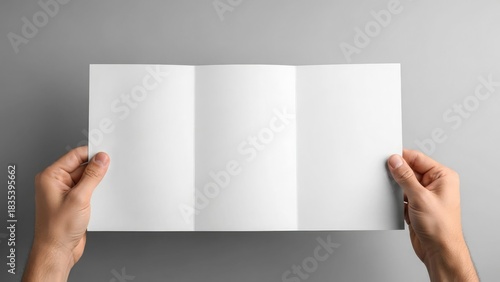 Hands holding a blank, folded brochure against a neutral gray background.