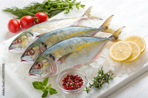 Freshly caught fish with lemon and herbs on a white surface