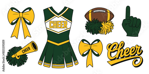 Cheerleading Vector Illustration Featuring Dark Green and Gold Pom-Poms, Megaphone, Uniform, Bow, and Foam Finger Presented as Clean Sports Spirit Elements for Posters and Creative Design Projects