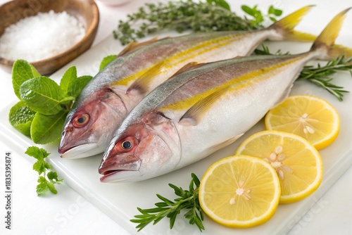 Yellowtail amberjack  caught fish with lemon and herbs ready for cooking