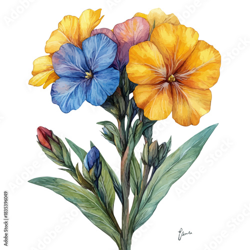 Tableau sur toile Wallflower Flower, watercolor clipart showing delicate textures and whimsical forms, isolated on a white background