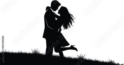 Romantic black silhouette of an embracing couple standing on grassy ground, man in suit holding woman in deep passionate hug, vector illustration graphic for love, romance, wedding